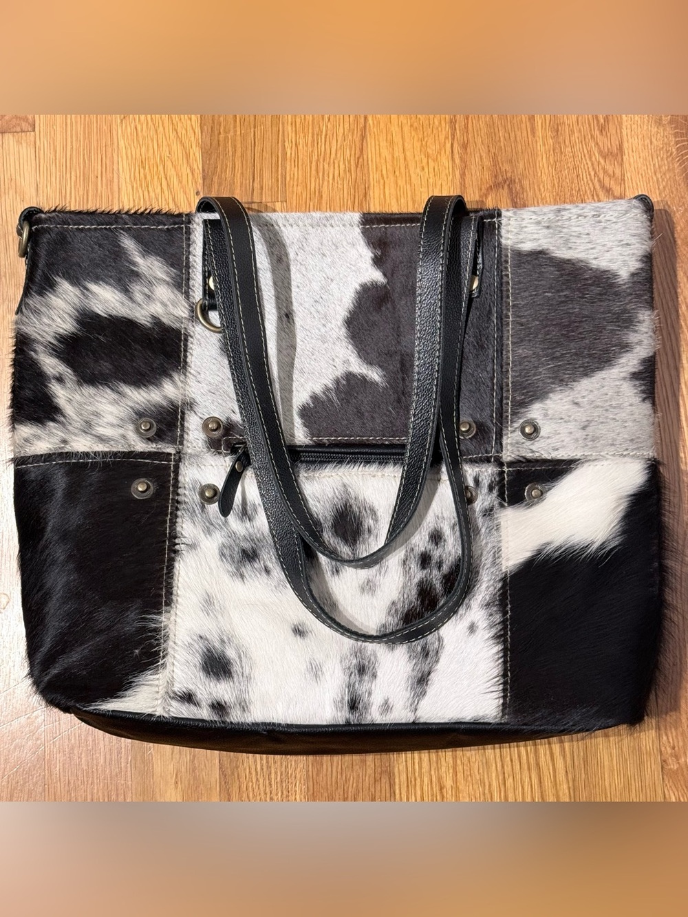 Myra Bag Black & White Cowhide Patchwork Tote Bag